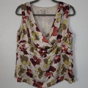Amanda Smith 100% Silk beige w/floral surplice neckline blouse, size 14
